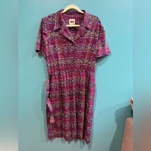 Vintage Pleated Belted Purple Patterned Dress